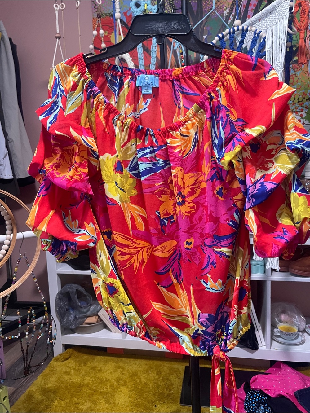 CeCe Red Floral Off-Shoulder Tunic with Tie Hem